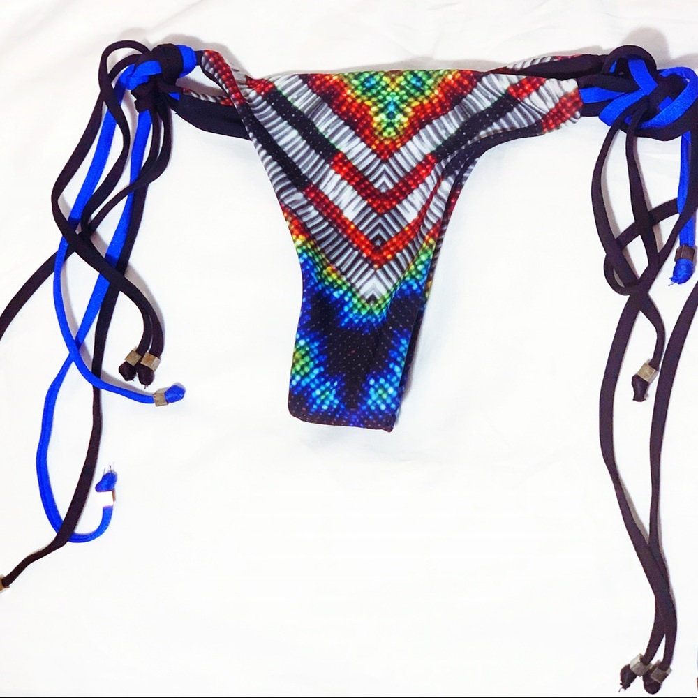 Reversible Neon Rainbow Black Cheeky Bikini Bottom Thong with Silver Tassels XS